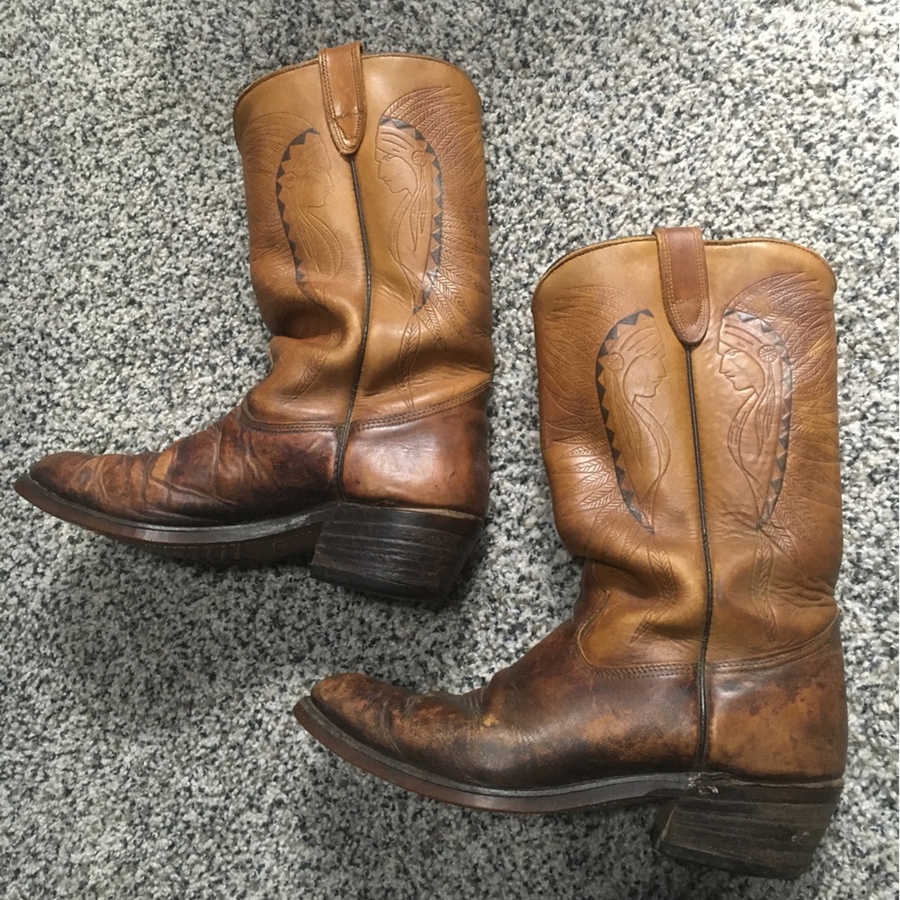 Vintage Texas Brand Cowboy Boots Mens 9.5D Native American Chief Tooled Leather